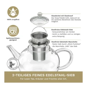 Creano Teekanne Glas „flach“ – 1,6L für losen Tee und ErblühTees